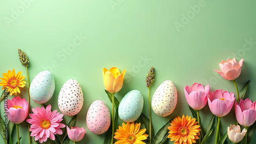 Decorated Easter Eggs and Tulips Arranged on a Pastel Green Background