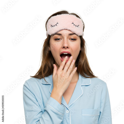 Portrait of young woman in pyjama shirt and sleeping mask yawning and covering mouth, wanting to sleep isolated on white background