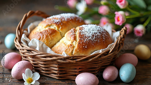 Easter bread in basket with eggs and spring flowers for holiday celebration