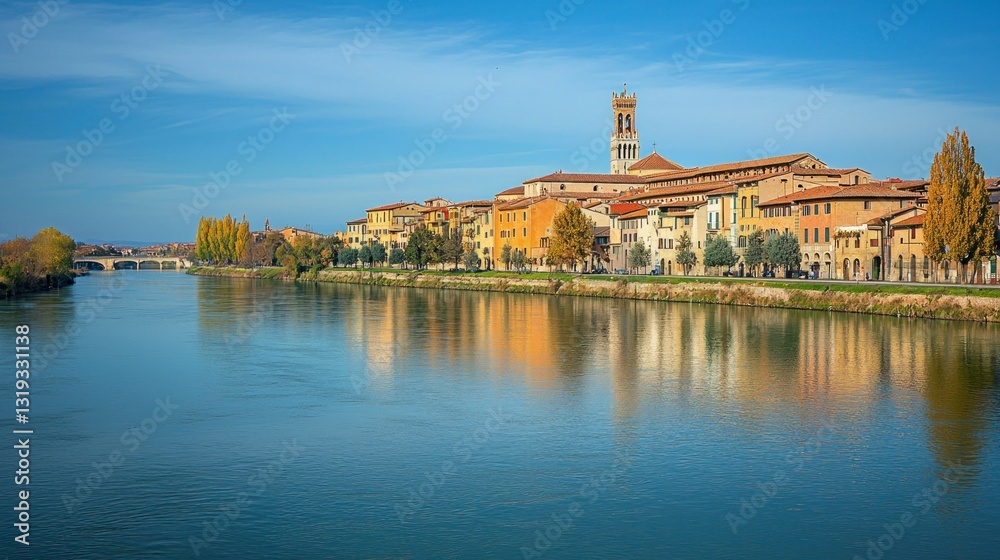 Fototapeta premium Italian Riverfront Town Houses Reflecting in Calm Water