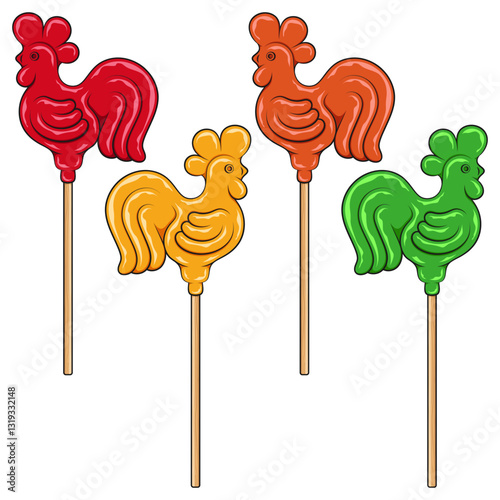 Set of color illustrations with lollipop cockerel on a stick. Isolated vector objects on white background.