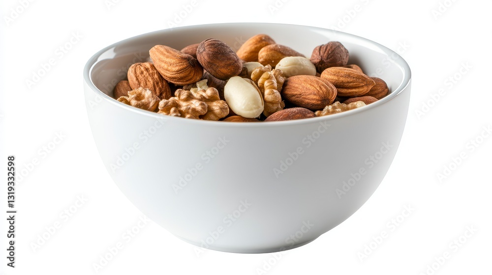 White bowl brimming with an assortment of mixed nuts, showcasing diverse textures and colors for culinary and health-related uses White bowl brimming with an assortment of mixed nuts, showcasing diverse textures and colors for culinary and health-related uses