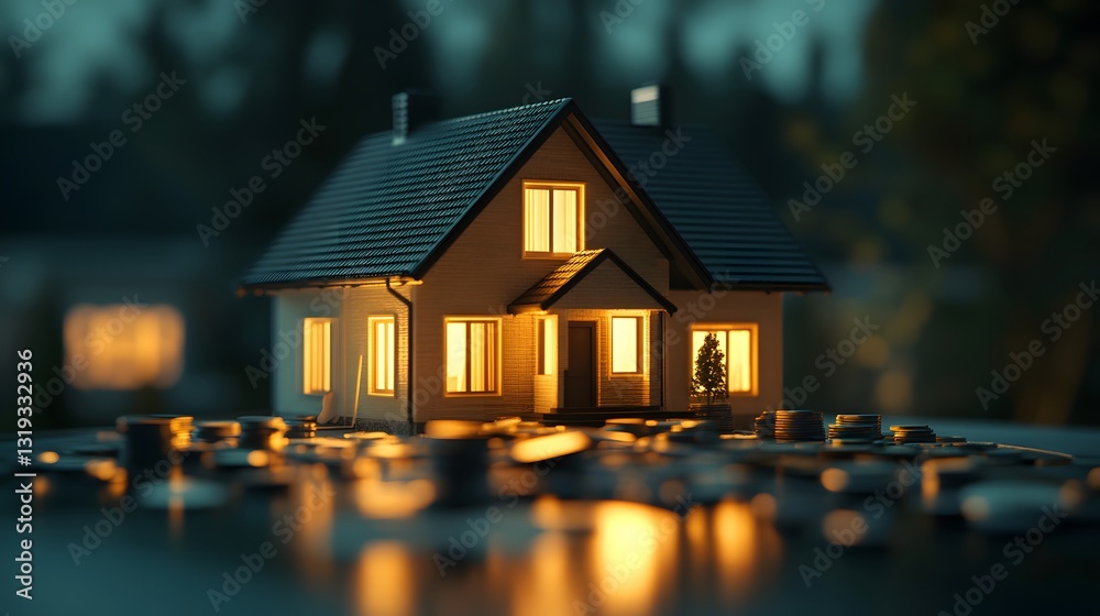 Cozy house with a lit window at dusk signifying comfort and warmth amidst a financially challenging environment Cozy house with a lit window at dusk signifying comfort and warmth amidst a financially challenging environment