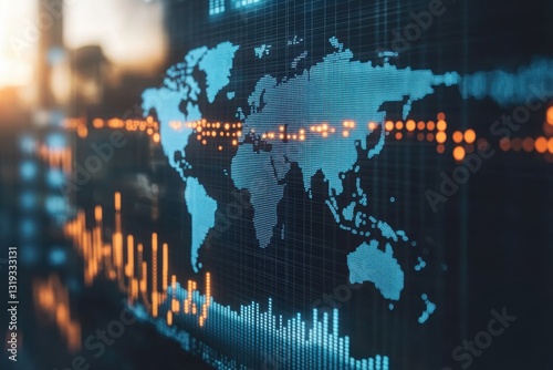 Financial graphs and charts overlaying a digital world map. Business and financial background concept with blue and black theme.