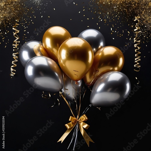 Celebración moderna con globos metálicos dorados y negros decorados con patrones elegantes, complementados con confeti brillante