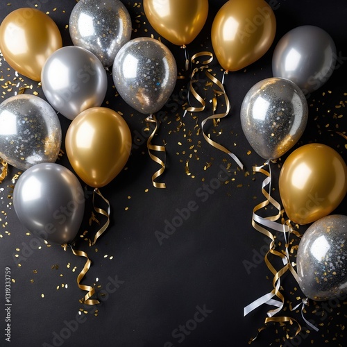 Decoración festiva con globos dorados, negros y plateados, rellenos de confeti y cintas rizadas sobre un fondo negro, ideal para celebraciones sofisticadas y eventos elegantes