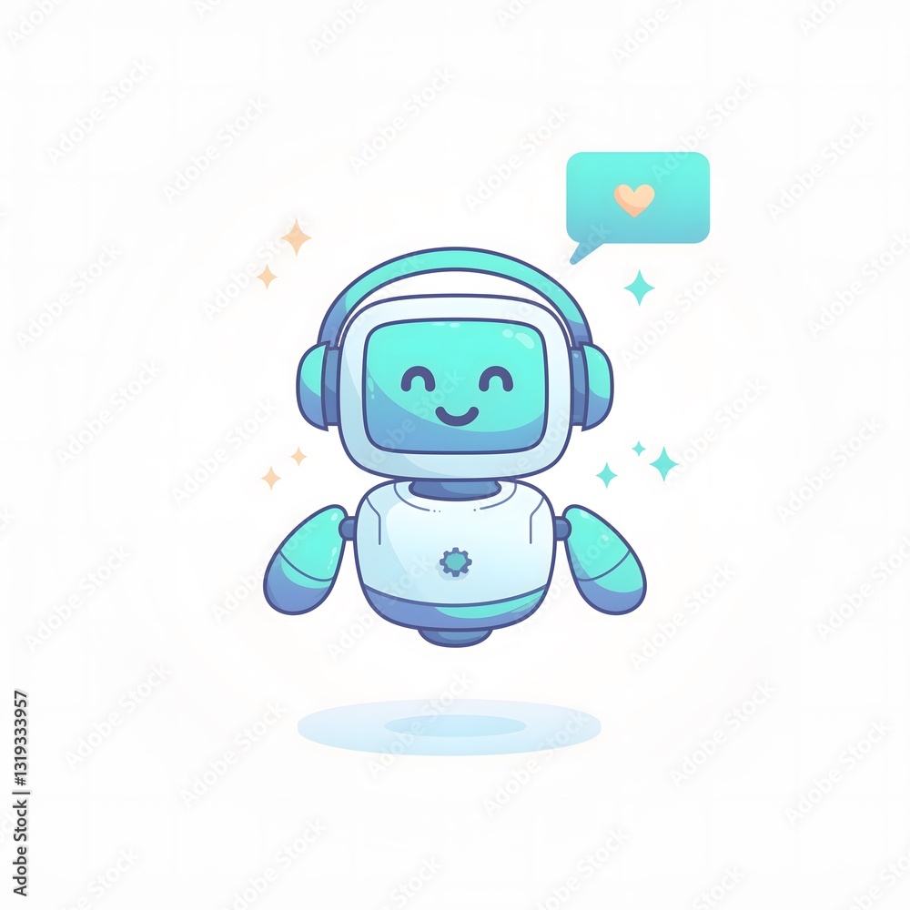 Obraz premium Cute AI Robot with Headphones, Heart Speech Bubble, Technology Icon Illustration, Smiling Bot, Vector Design.