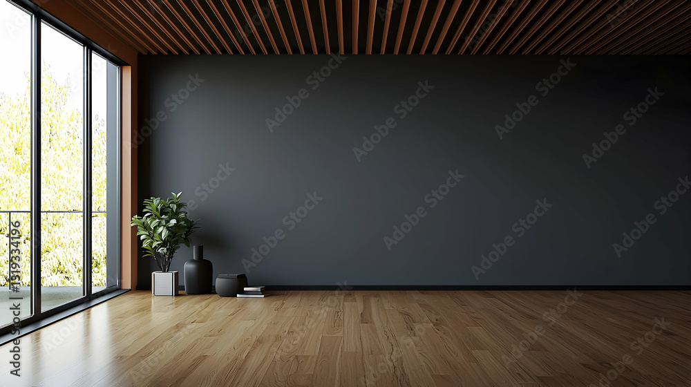 Fototapeta premium Modern Minimalist Interior Design With Dark Gray Wall Wooden Floor And Balcony View In Empty Room