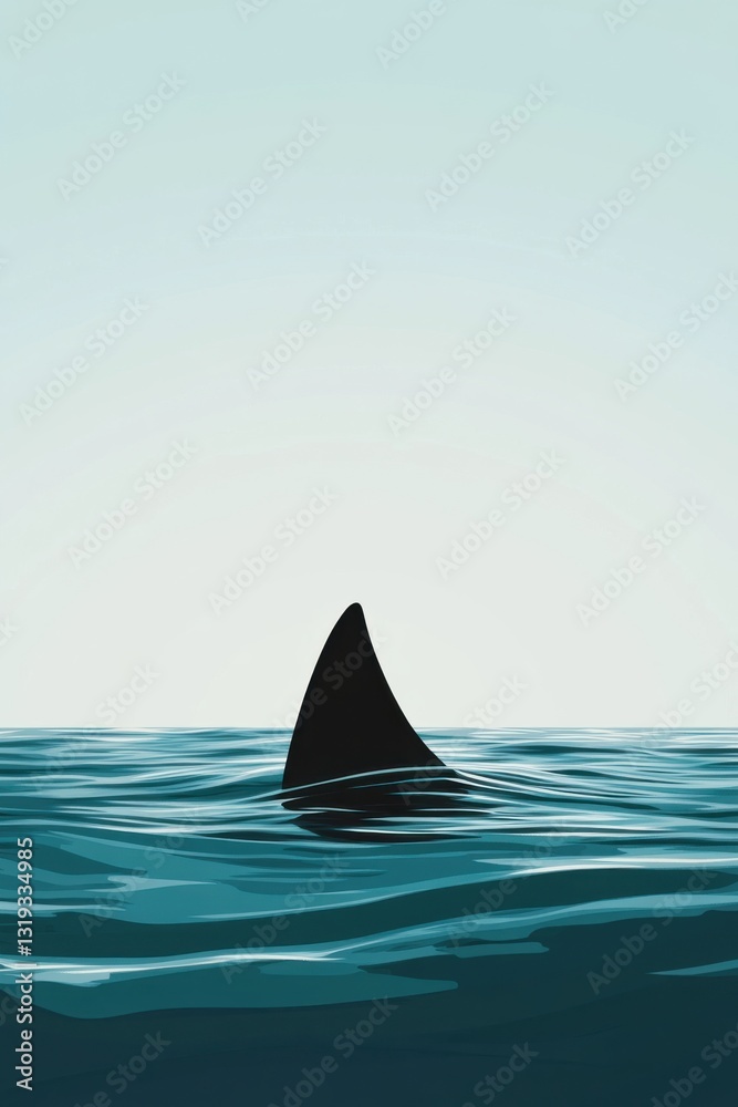 Naklejka premium Minimalistic representation of shark fin breaking the surface evoking selachophobia in calm sea
