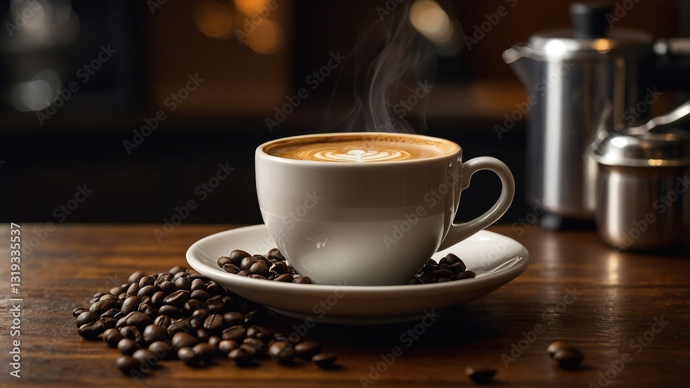Fototapeta premium Hot espresso coffee in a cup with steaming aroma