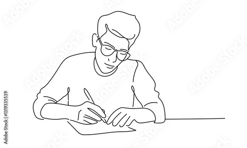 Man writes with a pen, continuous line drawing. Education, hobby, library. Vector illustration isolated on white background