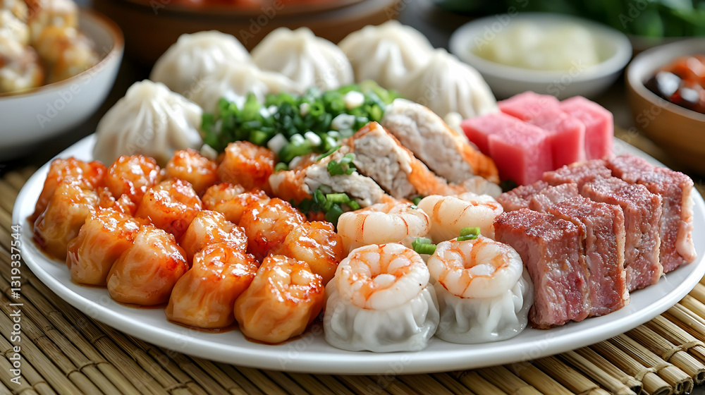 Assorted Dim Sum Platter With Pork, Shrimp, And Sauce Assorted Dim Sum Platter With Pork, Shrimp, And Sauce