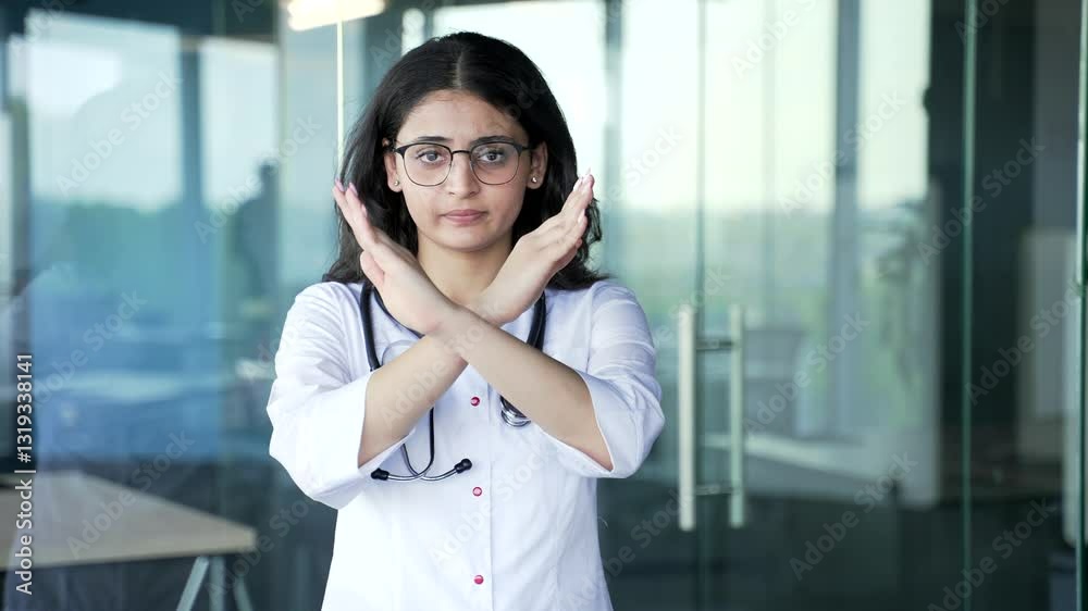 Young confident female doctor showing crossed arms, X sign, shaking head no standing in modern hospital clinic office. Medical worker physician demonstrates gesture of prohibition, denial disagreement Young confident female doctor showing crossed arms, X sign, shaking head no standing in modern hospital clinic office. Medical worker physician demonstrates gesture of prohibition, denial disagreement