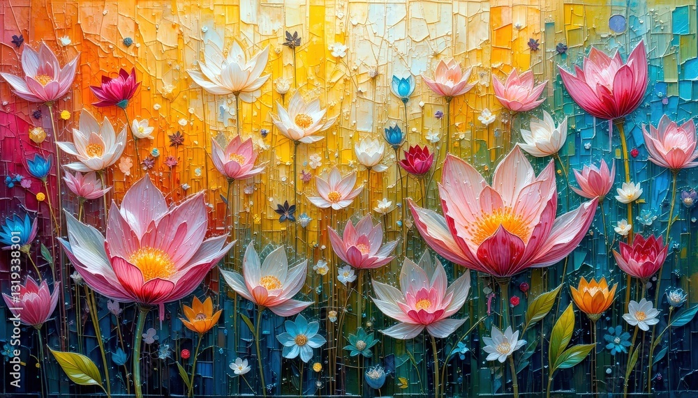 Fototapeta premium Vibrant lotus blossoms bloom in a stunning mosaic of colors during a serene evening at the enchanting garden