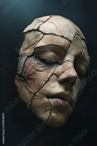 Surreal human face mask art creative studio sculpture dark environment close-up conceptual design