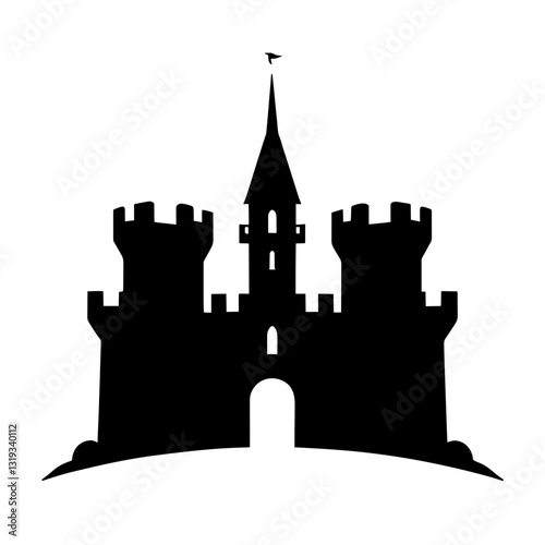 Minimalist black silhouette of a castle with towers against a white background
