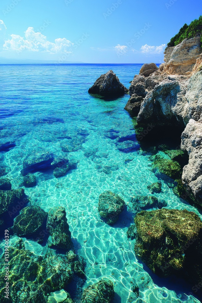 Clear ocean water. Rocks under water. Coast view. Bright sky. Summer day. Turquoise sea. Calm water. Light reflection. Nature background. Coastal landscape. Clear ocean water. Rocks under water. Coast view. Bright sky. Summer day. Turquoise sea. Calm water. Light reflection. Nature background. Coastal landscape.