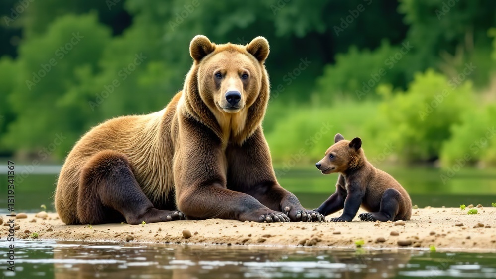 Fototapeta premium A heartwarming scene of a bear family, including a mother bear and her cubs, sitting together in a lush, landscape, symbolizing family bonds and nature's beauty. .