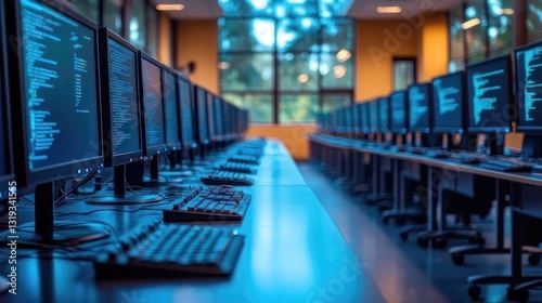 Row of computers with code displayed on screens