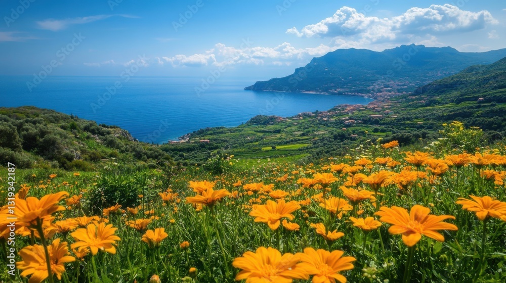 Fototapeta premium Yellow flowers bloom on green hillside. Blue ocean and mountain range in the background under clear sky. Coastal landscape on a bright sunny day.