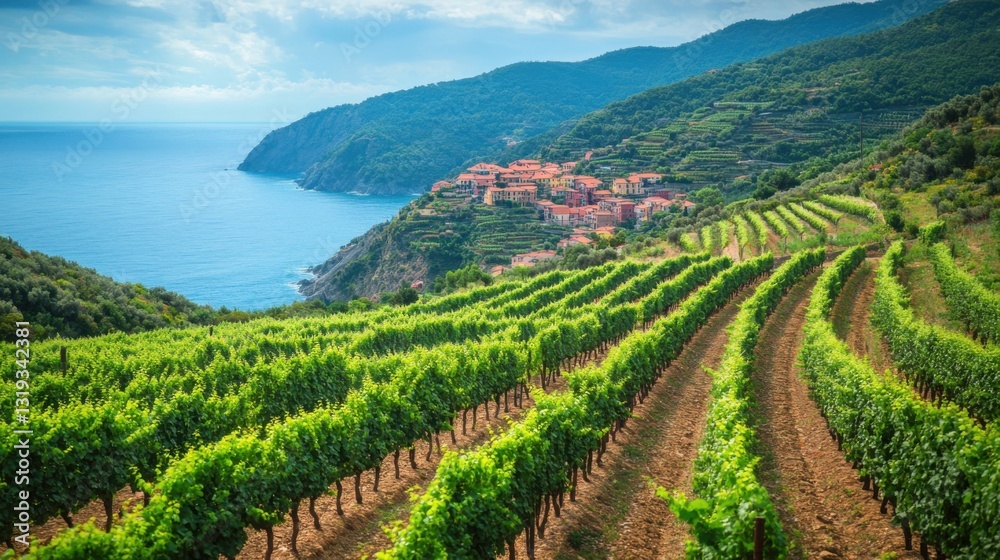 custom made wallpaper toronto digitalVineyard rows stretch to sea. Green leaves grow. Hills form background. Small village rests on slope. Azure waters meet the land.