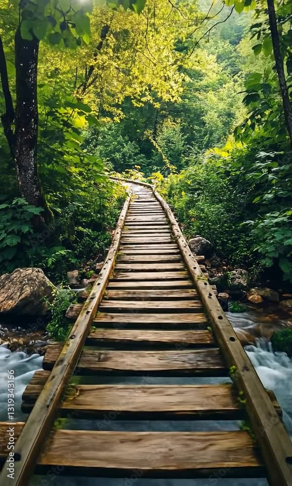 Serene wooden bridge crossing a tranquil stream in lush forest Serene wooden bridge crossing a tranquil stream in lush forest