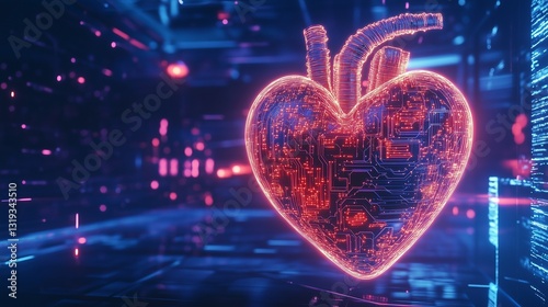 A glowing cyberpunk-style heart with neon circuit patterns, set against a futuristic sleek backdrop 