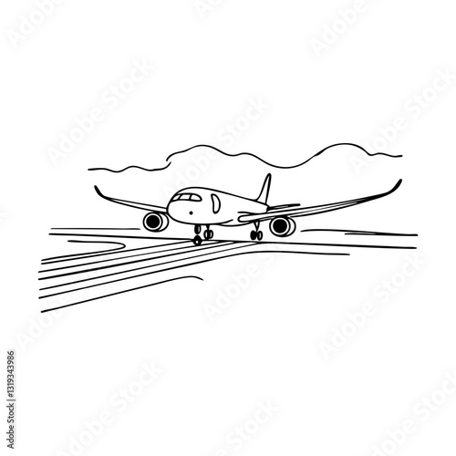 Airplane taking off against mountain silhouette