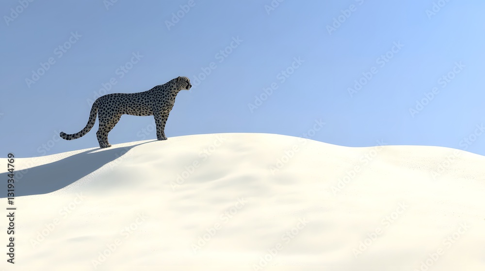 Leopard Standing Alone on a Snowy Dune Under a Clear Blue Sky in Wintertime Leopard Standing Alone on a Snowy Dune Under a Clear Blue Sky in Wintertime