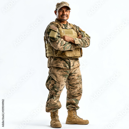 Patriotic Soldier in Combat Uniform Showcases Strength and Discipline on Military Base - Veteran Portrait Emphasizing Teamwork and Commitment