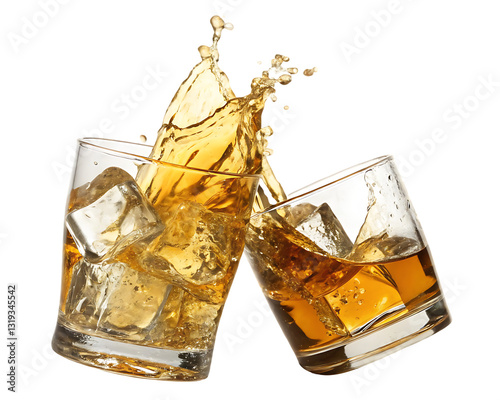 Two glasses of whiskey clinking, ice cubes, splash.