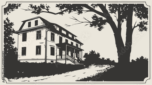 Vintage monochrome illustration of an old abandoned house on a hill with eerie atmosphere, gothic horror aesthetic