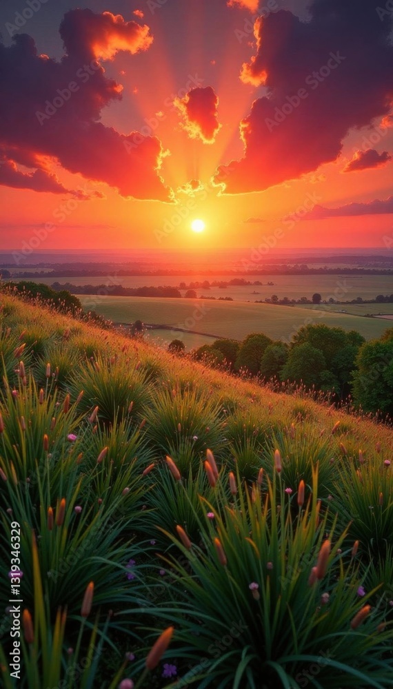 Obraz premium Crimson sun crests over endless prairie, dew-kissed grass , field, sun