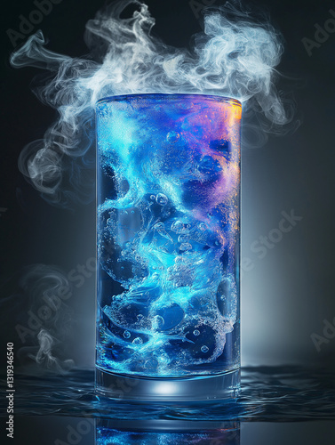 Futuristic molecular soda in electric blue, served in a glass cylinder with dry ice vapor spilling over the sides. Swirling mist contrasts against a deep charcoal gray background.