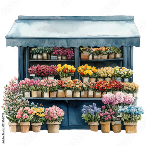 watercolor illustration. Colorful flower stall with various blooms in pots. on transparent cutout, PNG file