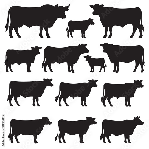 set of cow vector silhouettes for graphic resources	