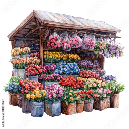 watercolor illustration. Flower market stall with colorful blooms and rustic wooden structure. on transparent cutout, PNG file
