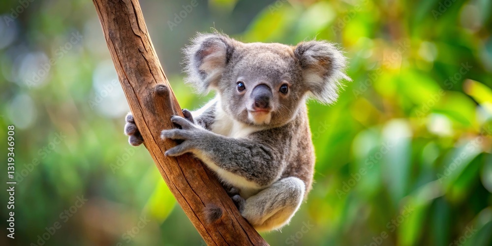 Fototapeta premium Adorable Juvenile Koala Clinging to a Tree Branch in a Lush, Verdant Forest Habitat