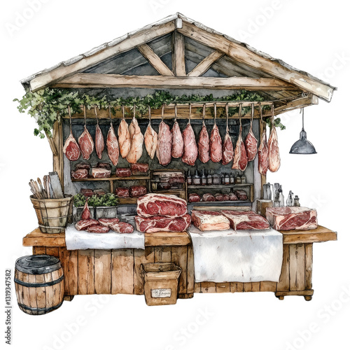 watercolor illustration. Rustic meat market stall with hanging cured meats and wooden displays. on transparent cutout, PNG file