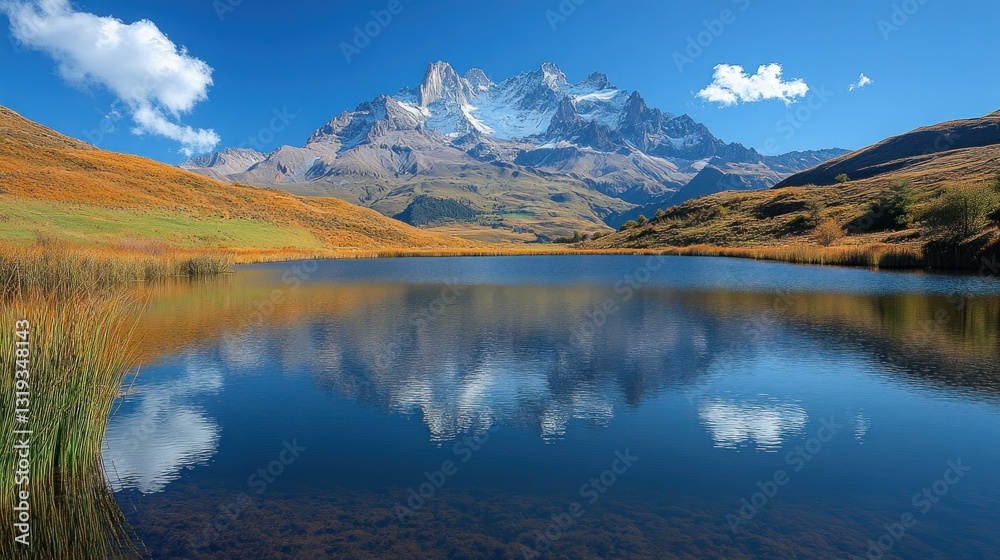 Fototapeta premium Serene mountain lake reflecting a vibrant sky. Autumn colors meet snow-capped peaks