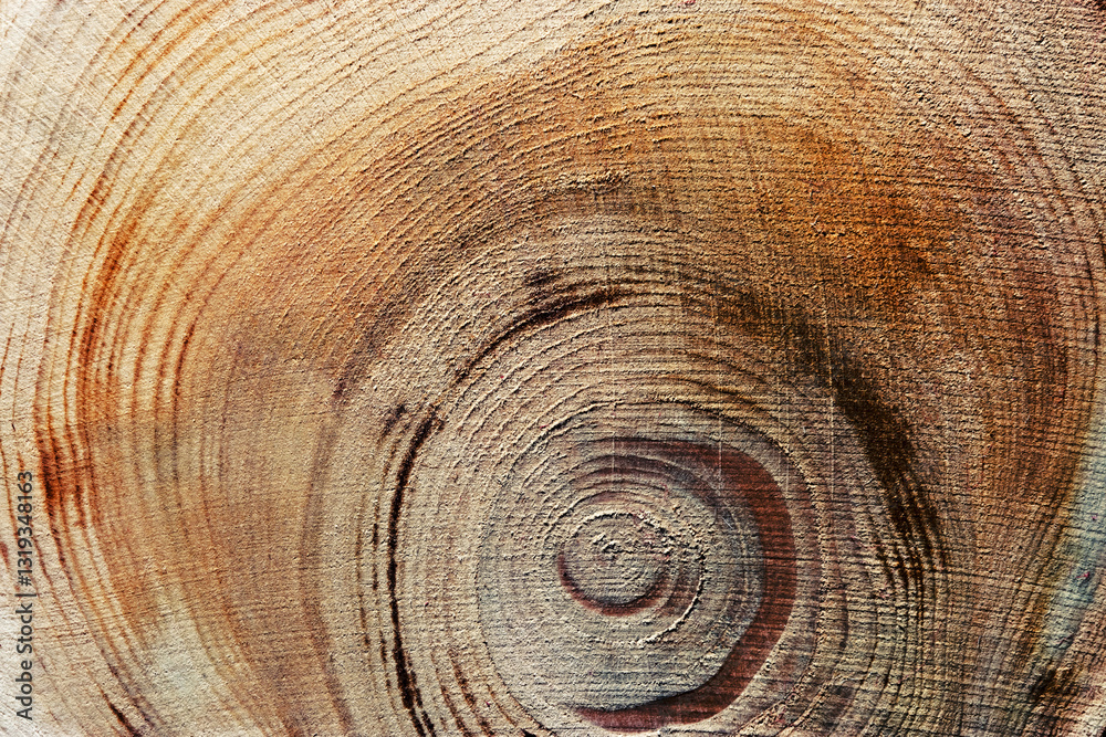 Naklejka premium Slice of wood timber with juniper tree rings as natural geometric pattern, abstract nature background. Natural wooden organic textures and shapes, monochrome brown beige gradient color, earthy color