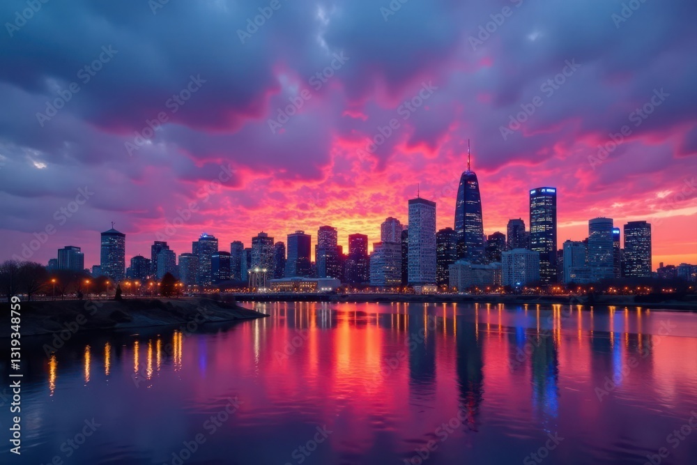 Fototapeta premium Montreal skyline panorama, dusk, St Lawrence River, cityscape, downtown, background, image