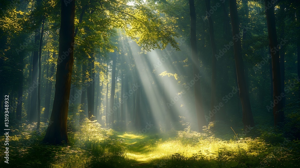 Fototapeta premium Sunlight filters through trees in a peaceful forest glade creating a serene atmosphere and inviting tranquility