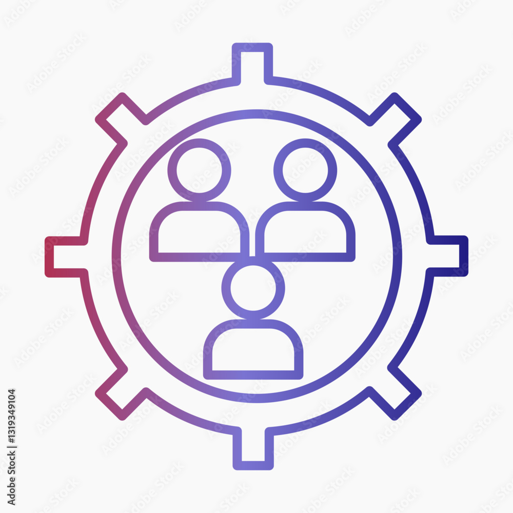 Minimalist monoline icon of a gear with people inside, representing corporate teamwork, leadership, and strategic management Minimalist monoline icon of a gear with people inside, representing corporate teamwork, leadership, and strategic management