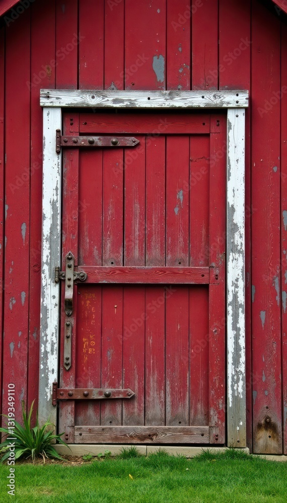 Rustic red barn, weathered wood siding, faded paint, aged, shape, paint
