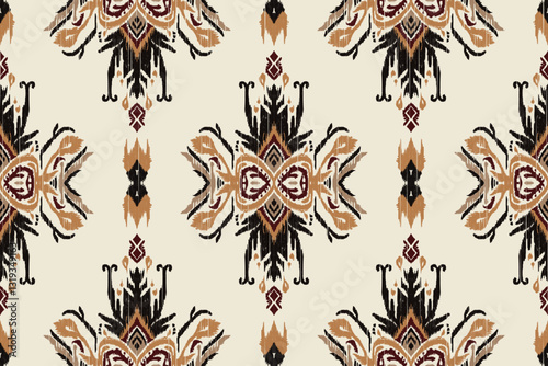 Ikat embroidery with an ethnic oriental pattern and traditional Aztec geometric art ornament. Designed for carpets, covers, wallpapers, wrapping paper, fabric, and clothing.