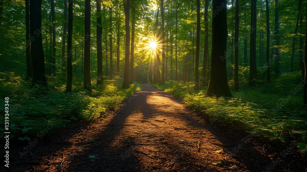 Obraz premium Sunlight filters through tall trees on a tranquil forest path creating a peaceful atmosphere for reflection and nature walks