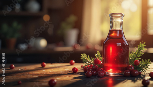 Swedish Lingondricka Elegance – Traditional Lingonberry Juice in Vintage Bottle with Fresh Berries and Pine for Nordic Culinary Blogs, Holiday Decor, and Organic Beverage Promotions