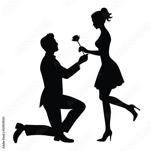 a black silhouette of a man kneeling on the ground and giving a rose to a woman 