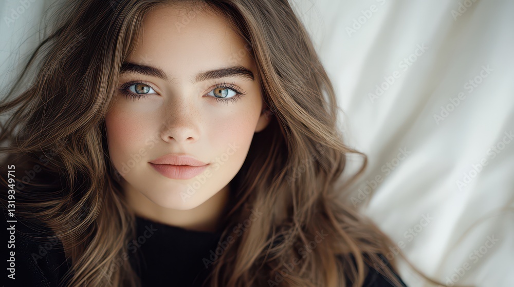 Naklejka premium Beautiful 18-year-old French girl with captivating eyes smiles in modern attire at home